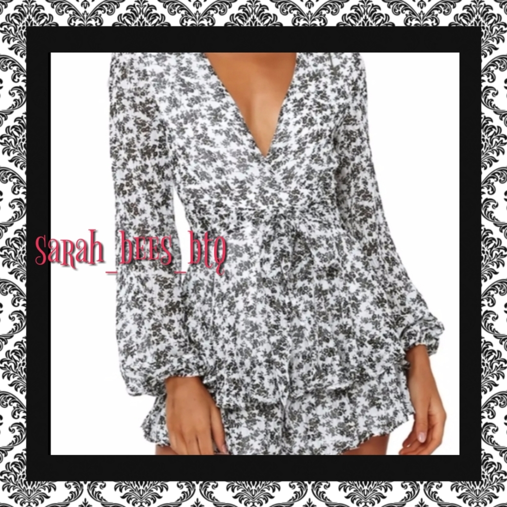 Black & White Floral Wrap Romper with Ruffle Skirt - Picture 4 of 9